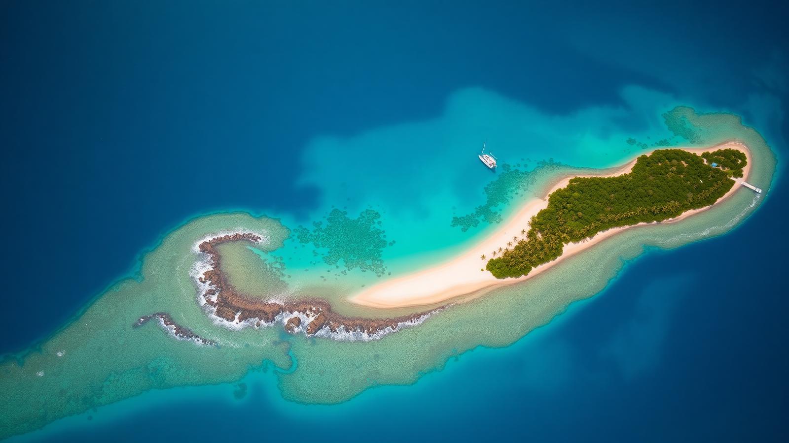 Aerial view of a Fijian island fringed by turquoise water, white sand and coconut palms